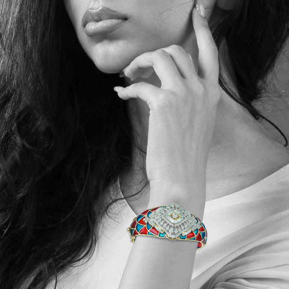 Red and Blue Enamel Bracelet with Full-Cut Diamonds